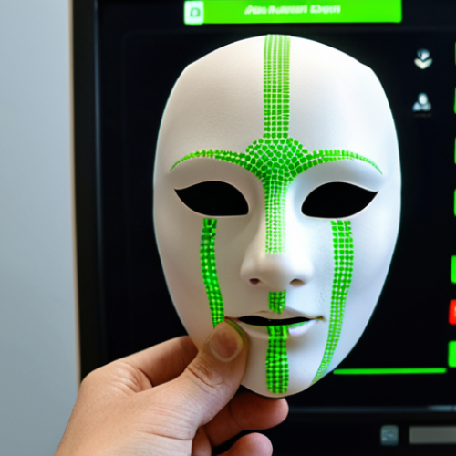 Home 4 **
A close-up, slightly ominous shot of a 3D printed mask being held up against a facial recognition scanner. The scanner has a green checkmark, indicating successful authentication, but the lighting is dark and emphasizes the artificiality of the mask. The background is blurred, suggesting a high-tech security environment. The overall feel should be one of unease and vulnerability.
**