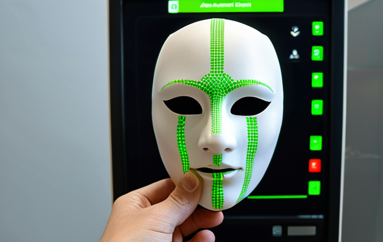 **
A close-up, slightly ominous shot of a 3D printed mask being held up against a facial recognition scanner. The scanner has a green checkmark, indicating successful authentication, but the lighting is dark and emphasizes the artificiality of the mask. The background is blurred, suggesting a high-tech security environment. The overall feel should be one of unease and vulnerability.
**