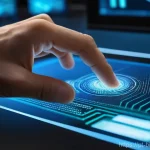 생체인식 시스템의 해킹 방지 기술 - **Prompt:** A close-up, high-tech depiction of a hand interacting with a sleek, futuristic biometric...