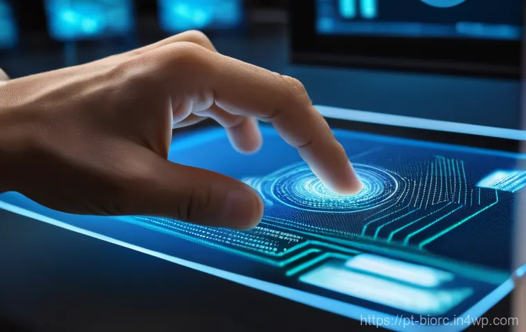 생체인식 시스템의 해킹 방지 기술 - **Prompt:** A close-up, high-tech depiction of a hand interacting with a sleek, futuristic biometric...