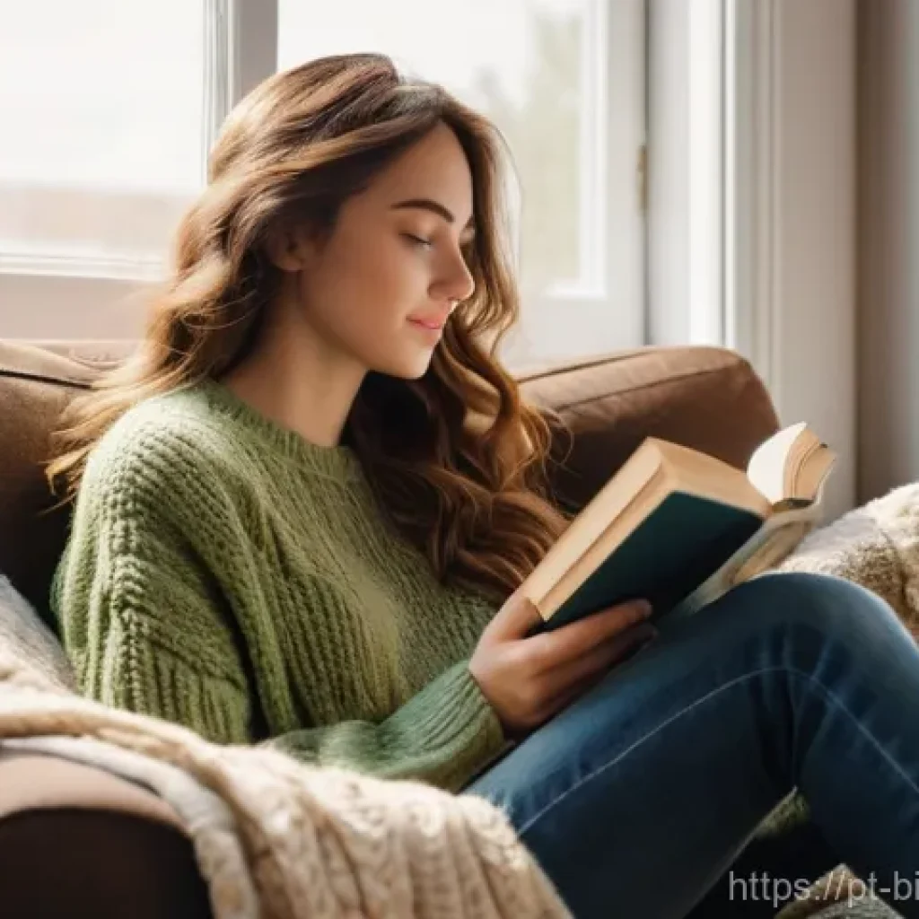 생체인식 시스템의 고객 신뢰 구축 전략 - **A cozy reading nook scene:** A young woman, approximately 20-25 years old, with long, wavy brown h...