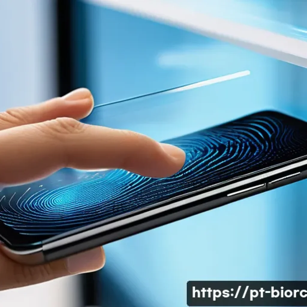 스마트폰의 생체인식 기술 비교 분석 - A high-tech smartphone unlocking scene showcasing a close-up of a user’s thumb gently pressing an ul...