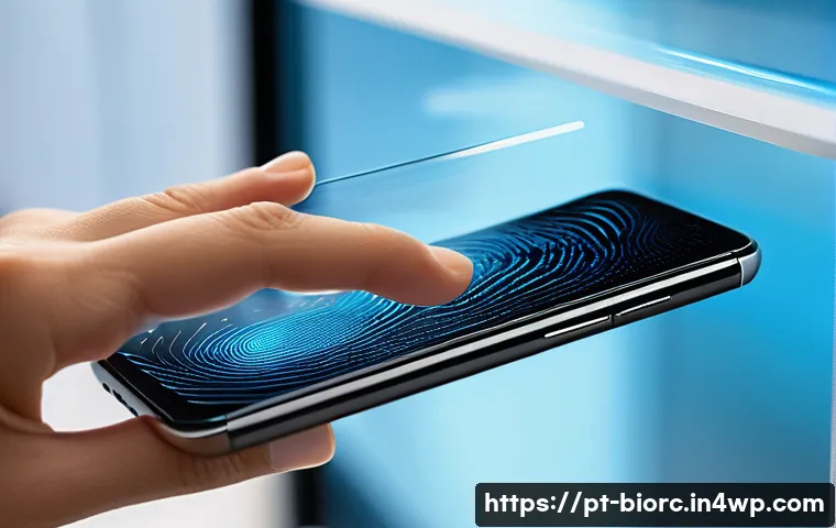스마트폰의 생체인식 기술 비교 분석 - A high-tech smartphone unlocking scene showcasing a close-up of a user’s thumb gently pressing an ul...