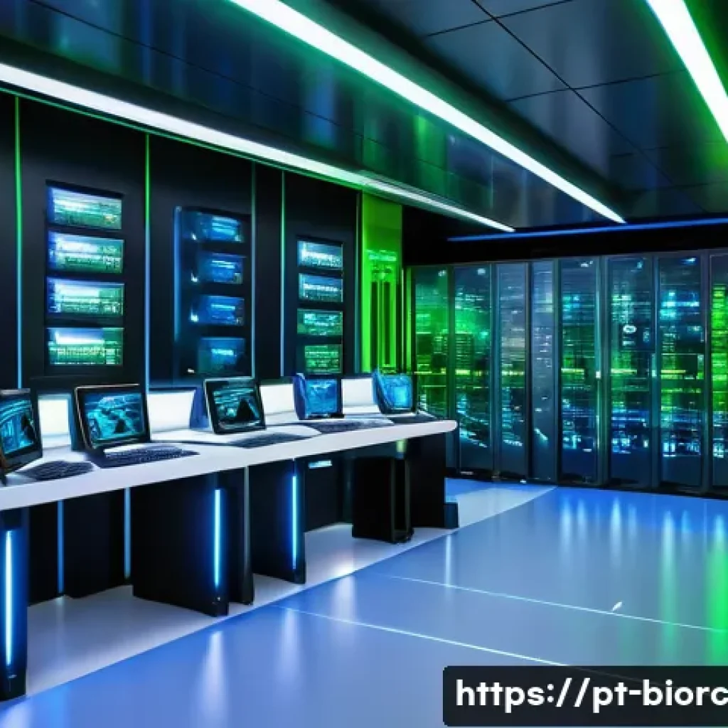 생체인식 데이터의 안전한 저장 방법 - A highly detailed futuristic data center interior with advanced biometric security systems, featurin...