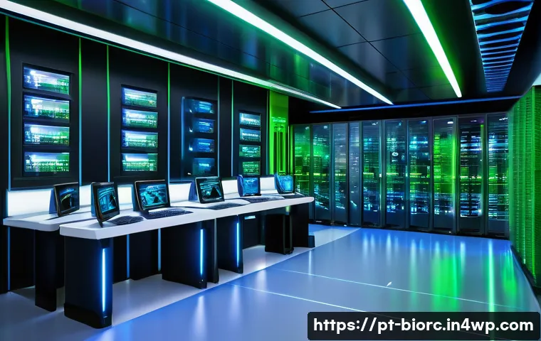 생체인식 데이터의 안전한 저장 방법 - A highly detailed futuristic data center interior with advanced biometric security systems, featurin...