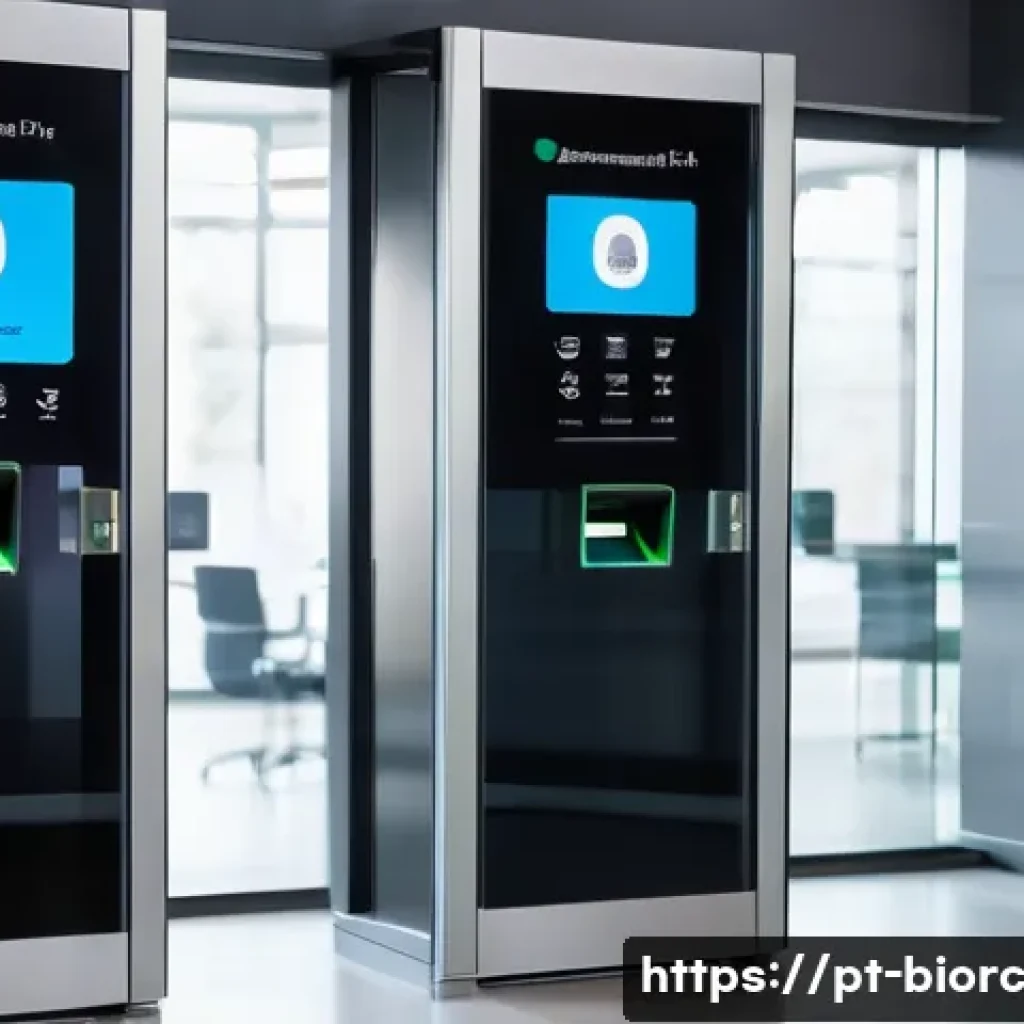 데이터 유출을 방지하는 생체인식 대책 - A modern corporate office entrance featuring a sleek biometric fingerprint scanner integrated into a...