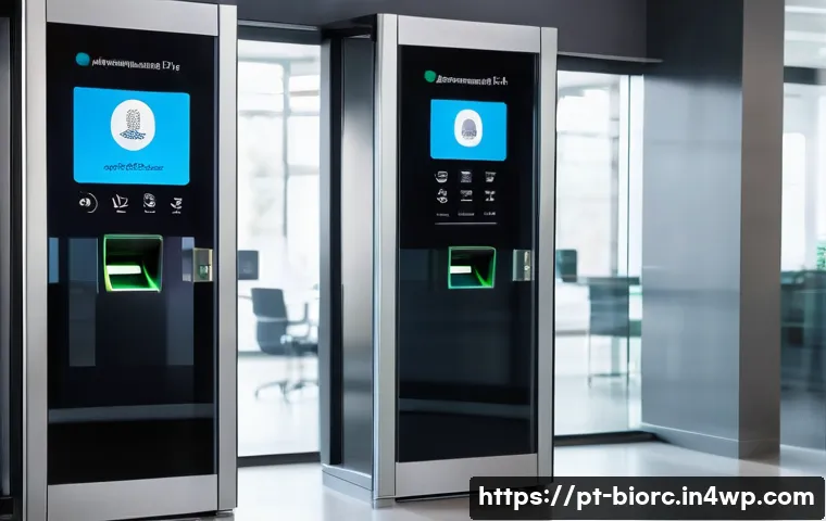 데이터 유출을 방지하는 생체인식 대책 - A modern corporate office entrance featuring a sleek biometric fingerprint scanner integrated into a...