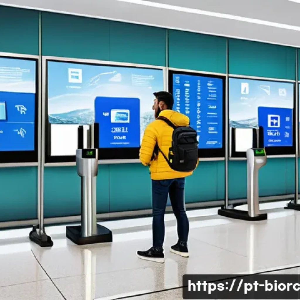 생체인식 기술의 연대기 및 진화 - A modern Brazilian airport security checkpoint featuring diverse travelers in casual attire, some we...