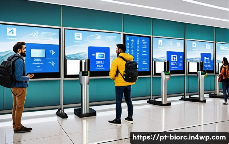생체인식 기술의 연대기 및 진화 - A modern Brazilian airport security checkpoint featuring diverse travelers in casual attire, some we...