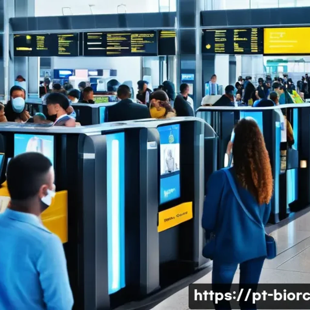 생체인식 시스템의 시장 경쟁력 분석 - A modern airport security checkpoint scene in Brazil featuring advanced facial recognition technolog...