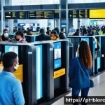 Home 22 생체인식 시스템의 시장 경쟁력 분석 - A modern airport security checkpoint scene in Brazil featuring advanced facial recognition technolog...