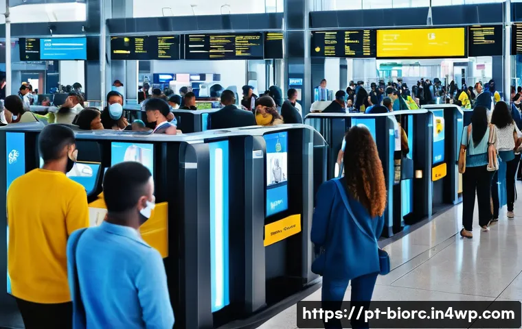 생체인식 시스템의 시장 경쟁력 분석 - A modern airport security checkpoint scene in Brazil featuring advanced facial recognition technolog...