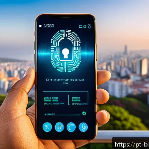 Home 33 생체인식 기술의 보안 기준 및 규정 - A high-tech biometric security system interface displayed on a sleek smartphone held by a young Braz...