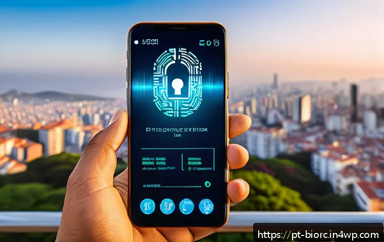 생체인식 기술의 보안 기준 및 규정 - A high-tech biometric security system interface displayed on a sleek smartphone held by a young Braz...
