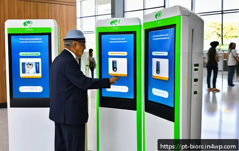 생체인식 시스템의 전자정부 적용 사례 - A modern Brazilian government service center with diverse citizens, including elderly and middle-age...