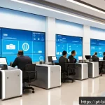 Home 19 생체인식 시스템의 객체 인식 기술 - A modern Brazilian bank interior equipped with smart security cameras featuring advanced object reco...
