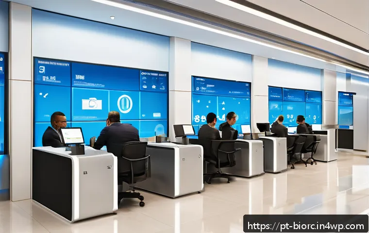 생체인식 시스템의 객체 인식 기술 - A modern Brazilian bank interior equipped with smart security cameras featuring advanced object reco...