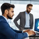 Home 23 생체인식 시스템과 클라우드 보안의 융합 - A modern Brazilian office scene showing a diverse group of professionals using biometric authenticat...