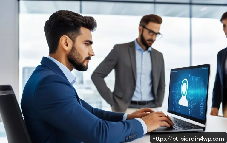 생체인식 시스템과 클라우드 보안의 융합 - A modern Brazilian office scene showing a diverse group of professionals using biometric authenticat...